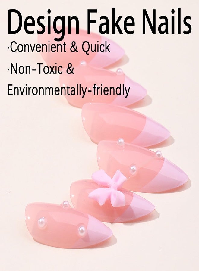 GRITOSE 24Pcs Pink French Tip Press on Nails Short Almond Fake Nails with 3D Bow Pearl Design Pink Full Cover False Nails Reusable Almond Nails Press ons Artificial Glue on Nail Cute Bow Nail for Women Girls - Image 4